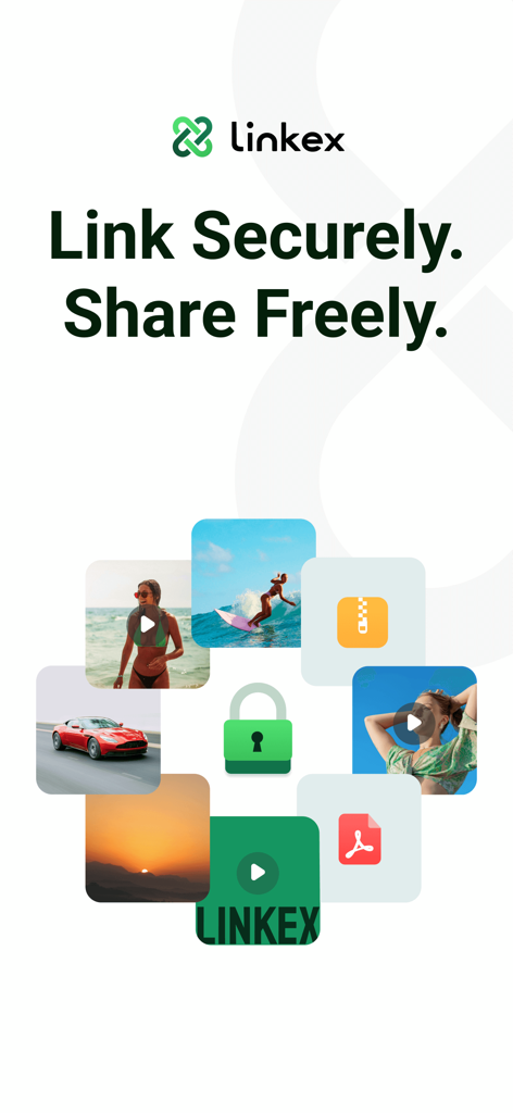 Linkex - Secure Cloud Storage - Linkex app interface showcasing secure cloud storage and file sharing with various media icons and a padlock