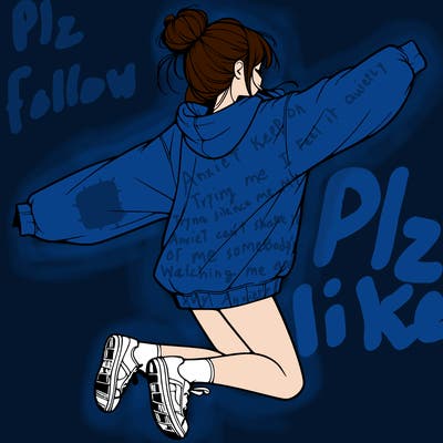realistic girl jumping with a bun and oversized sweatshirt