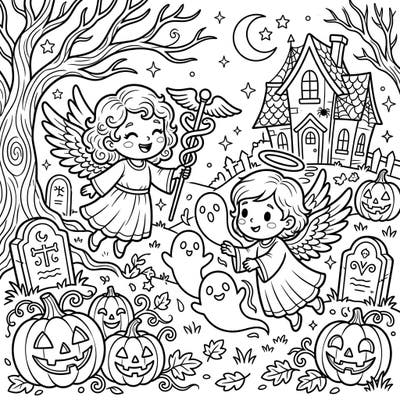 Discover a truly unique coloring experience where the gentle spirit of healing angels blends seamlessly with the playful spookiness of Halloween. This charming design features delightful characters amidst classic holiday motifs, ready for your artistic touch.