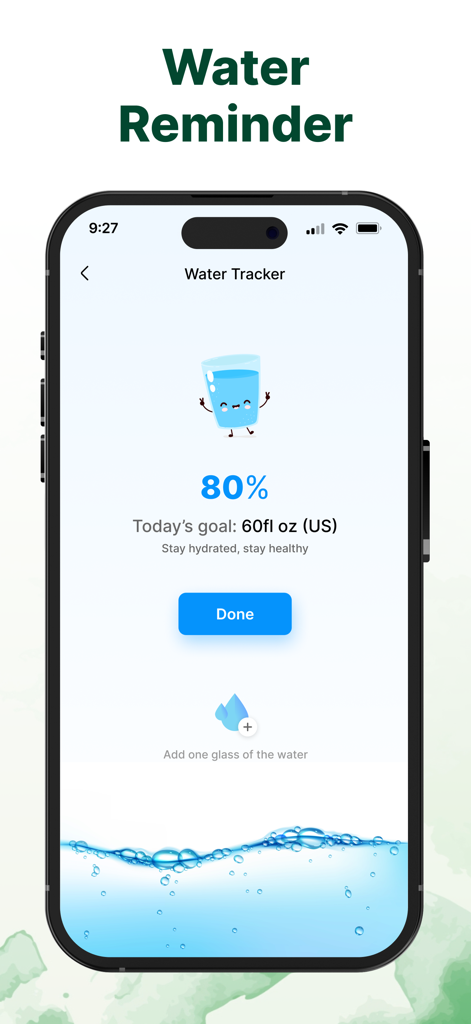 Step Counter and Pedometer App - Mobile app screen showing a daily water intake tracker with 80 percent progress towards a goal