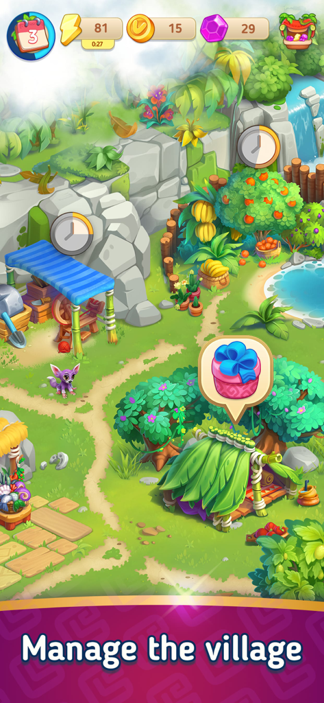 Merge Islanders: Tropical Town - Una colorida escena de pueblo tropical en Merge Islanders que muestra la jugabilidad donde los jugadores gestionan y decoran su isla