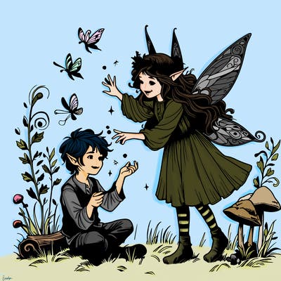 realistic fae girl and boy playing