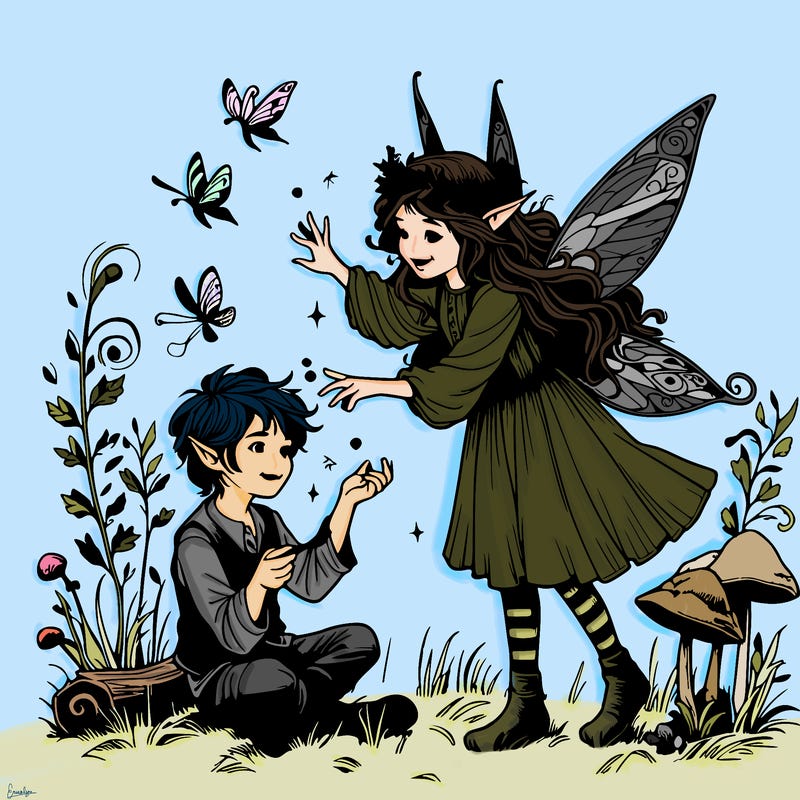 realistic fae girl and boy playing