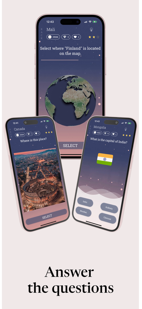 UniHub: Quiz & Trivia Quest - Three mobile screens from UniHub app showing geography trivia questions about maps landmarks and world capitals
