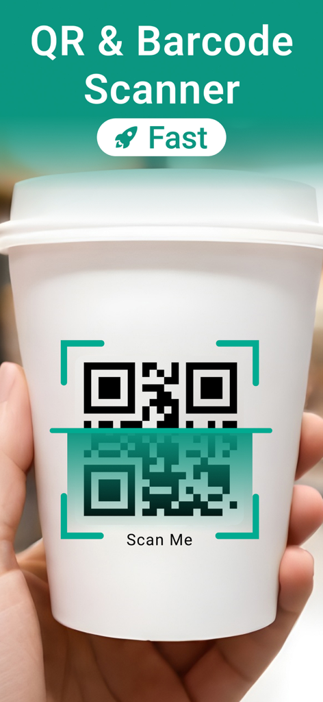 QR Code Reader & Scanner Pro - Una mano che tiene una tazza di caffè con un codice QR che viene scansionato dall'interfaccia dell'app QR e Barcode Scanner