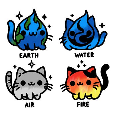 4 cats that represent the different elements, earth, water, air, and fire