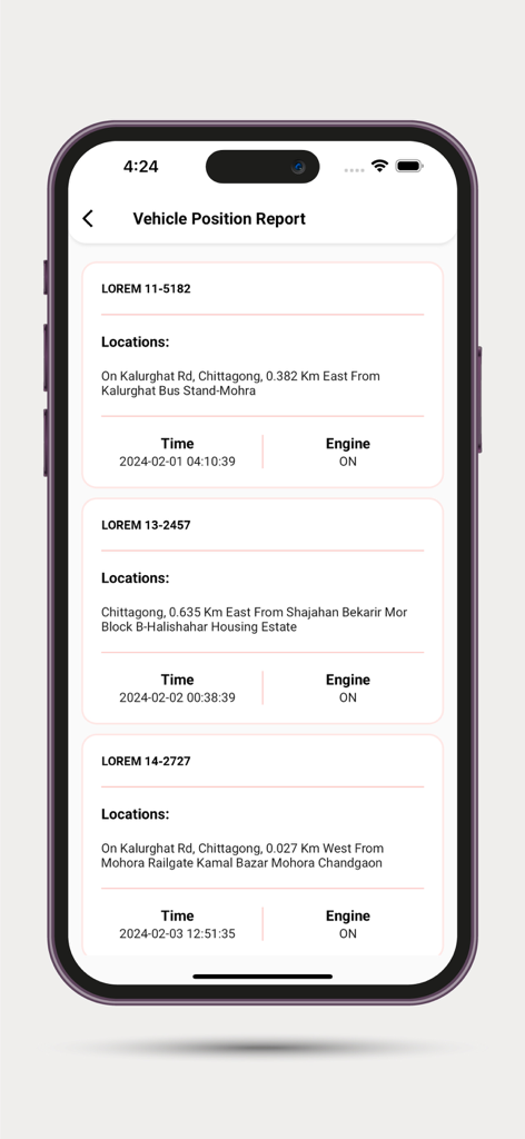 M2M Vehicle Tracking System - Mobile app screen showing a vehicle position report with location and engine status for multiple vehicles