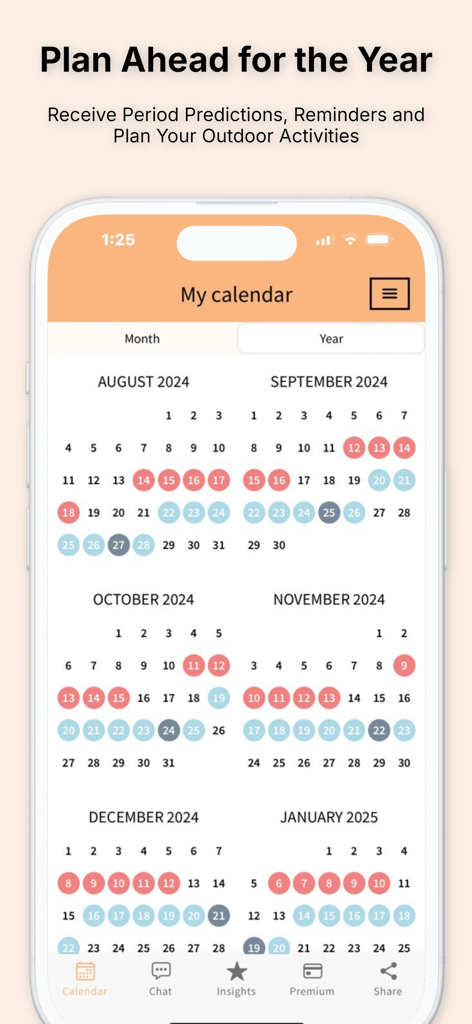 Selin: Your Period Tracker - Selin period tracker app showing a yearly calendar view with menstrual cycle and fertility predictions.