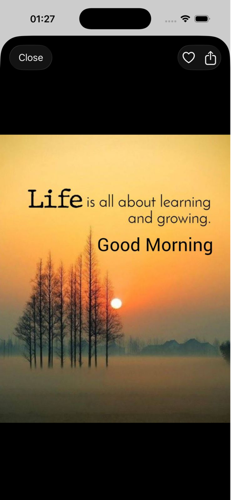 Good Morning GIFs - 感動的な人生の引用とおはようの挨拶が付いた、霧のかかった野原に穏やかな日の出。