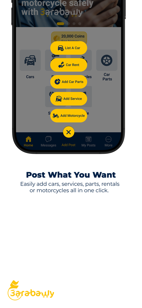 3arabawy: Buy & Sell Cars - 3arabawyアプリのメニュー画面。車、レンタル、スペアパーツ、自動車サービスの出品オプションを表示
