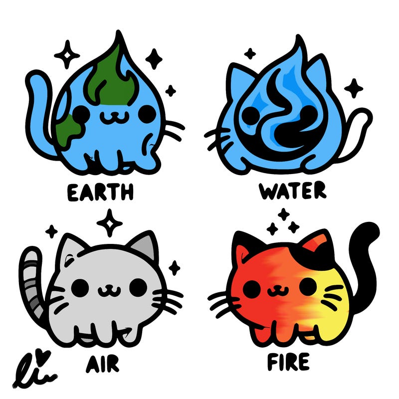4 cats that represent the different elements, earth, water, air, and fire