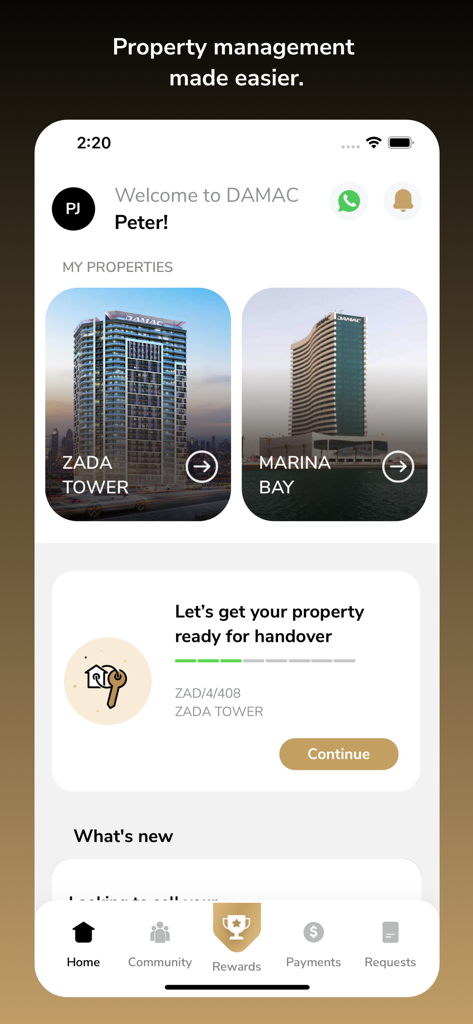 DAMAC Living - DAMAC Living app home screen displaying managed luxury properties like Zada Tower and Marina Bay with a property handover progress tracker.