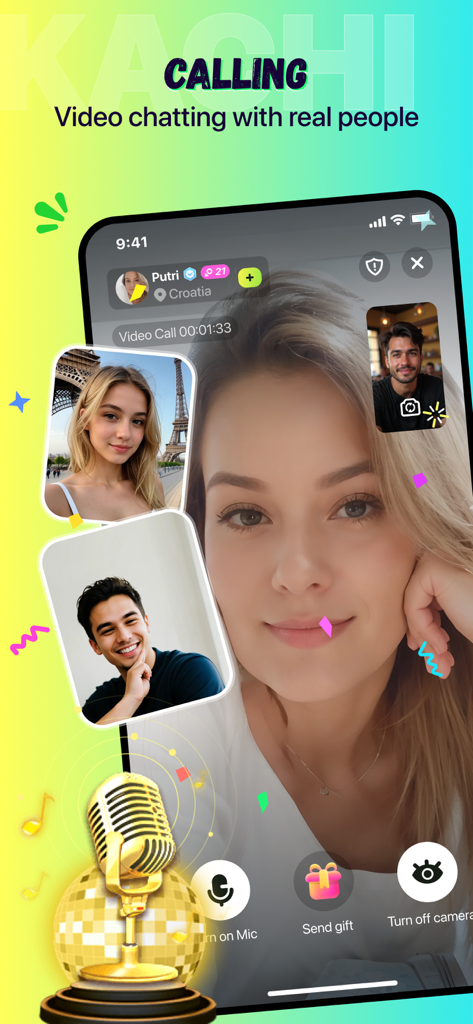 Kachi - Chat, Call & Party - Kachi App Videoanrufoberfläche, die Echtzeit-Chats mit verifizierten Personen zeigt