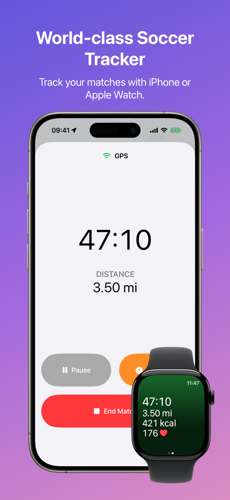 Outplay soccer tracker app interface showing match time and distance on iPhone and Apple Watch