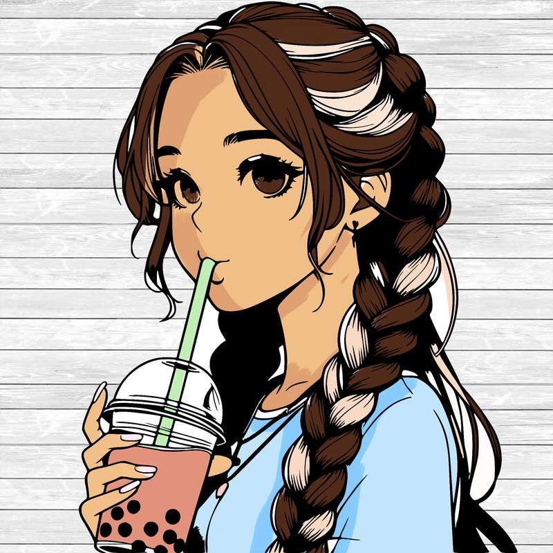 realistic girl with braided hair drinking boba