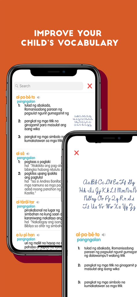 BuriBooks app interface showing Filipino dictionary entries and vocabulary building features for children.