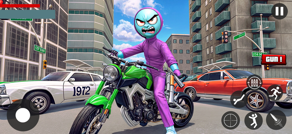 Crazy Stickman Hero Gangster - A stickman character in a purple tracksuit riding a green motorcycle through city streets