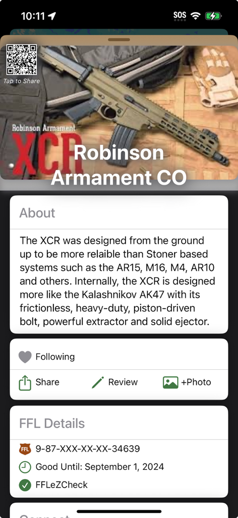 Captura de pantalla de la aplicación Plinkr que muestra el perfil de Robinson Armament CO con detalles de licencia FFL verificados e información del producto.