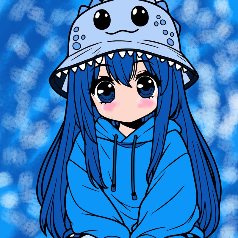 girl with anime shaped eyes with a dinosaur bucket hat oversized sweatshirt long straight hair