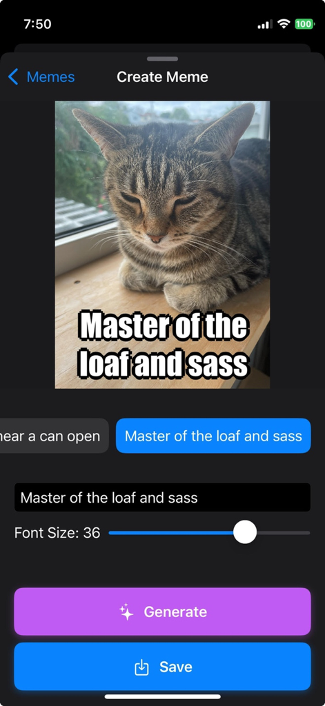 YoMeme: Meme Maker & Editor - YoMemeアプリの画面。猫の写真とテキストカスタマイズツールを備えたミームエディターが表示されています。