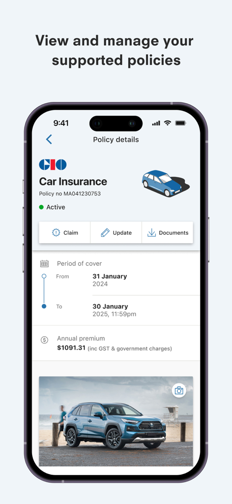 GIO App - A smartphone screen displaying car insurance policy details in the GIO app including coverage dates and premium.