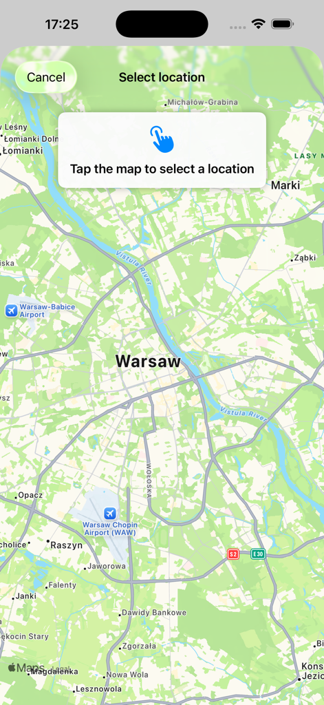 폴란드 호텔 검색 위치 선택 프롬프트가 있는 여행 앱의 바르샤바 지도