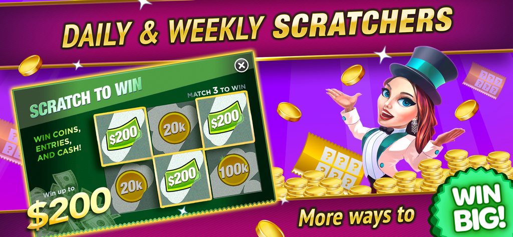 SpinToWin Slots & Sweepstakes - SpinToWin Slots app screenshot showing daily and weekly scratch cards for winning cash and coin rewards.