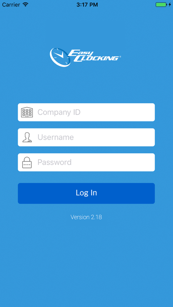 Easy Clocking mobile app login screen featuring company ID username and password input fields