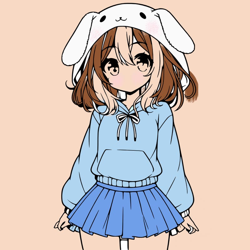 pretty anime girl wearing a fluffy hoodie with bunny ears on the hood and a skirt