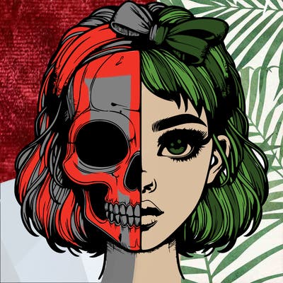 realistic girl with half skull mask