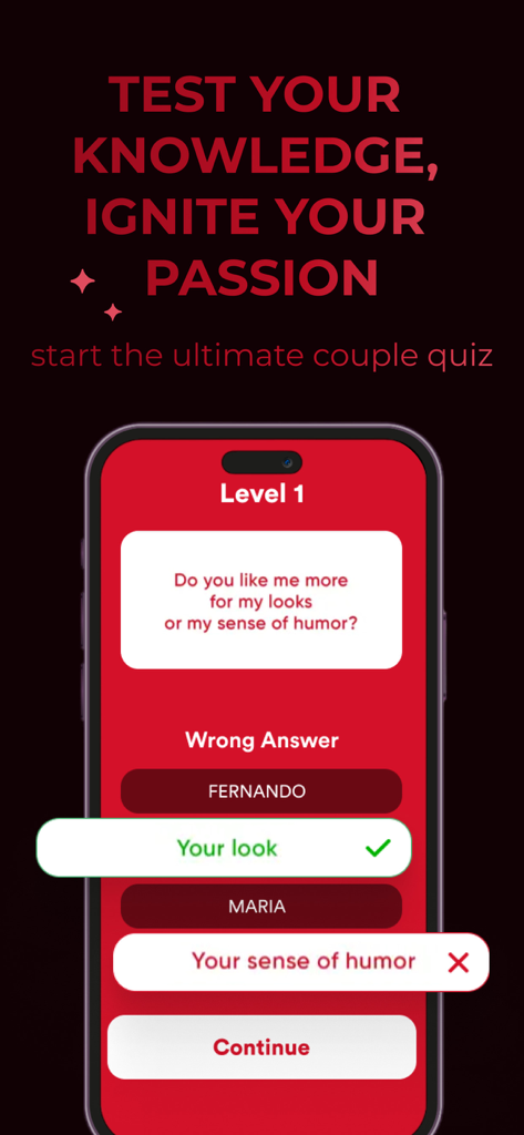 Couples Sex Games - iPassion - Un smartphone mostrando una pregunta de trivia sobre relaciones en la aplicación de juegos para parejas iPassion.