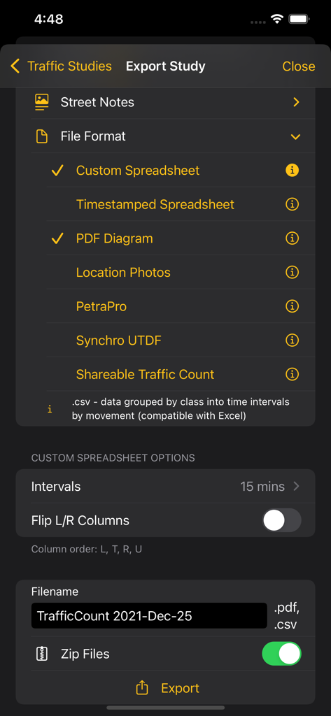 Traffic Count Pro - TMC - Bildschirm für Exportstudien der Traffic Count Pro App, der verschiedene Dateiformatoptionen und benutzerdefinierte Tabelleneinstellungen anzeigt