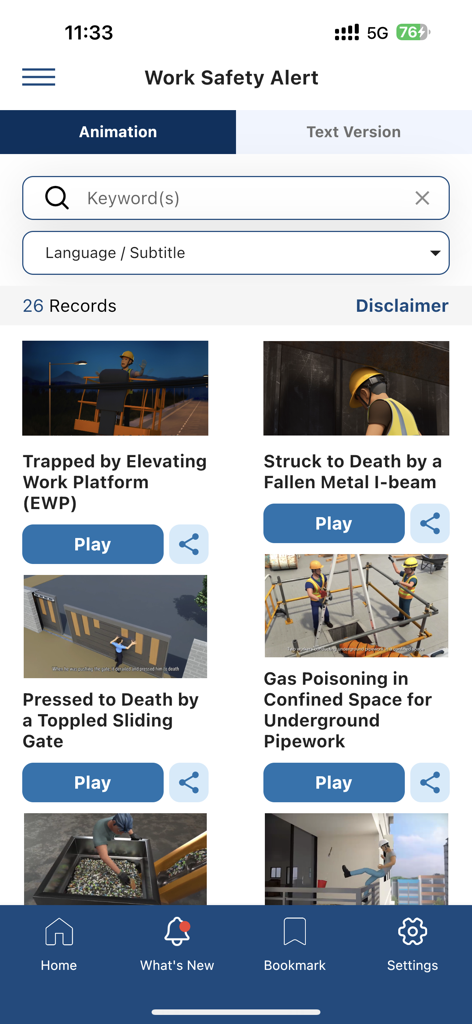 OSH 2.0 - Pantalla móvil de la aplicación OSH 2.0 que muestra una lista de videos animados de Alertas de Seguridad Laboral para diferentes accidentes laborales.