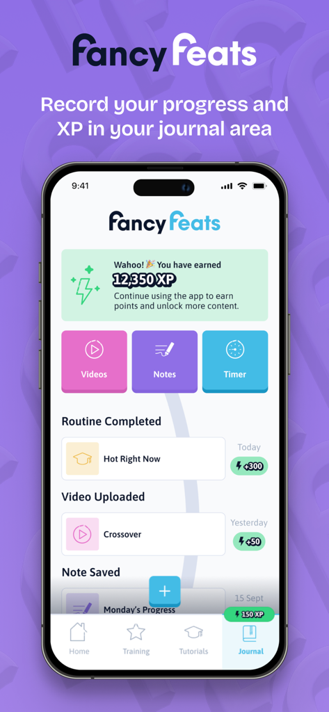 Fancy Feats -The Jump Rope App - Interface do diário do aplicativo Fancy Feats mostrando o rastreamento de progresso com corda de pular e pontos de XP ganhos