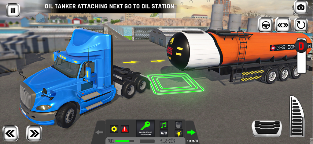 Truck Simulator Driver Games - A blue semi truck backing up to attach an orange oil tanker trailer in a driving simulator game