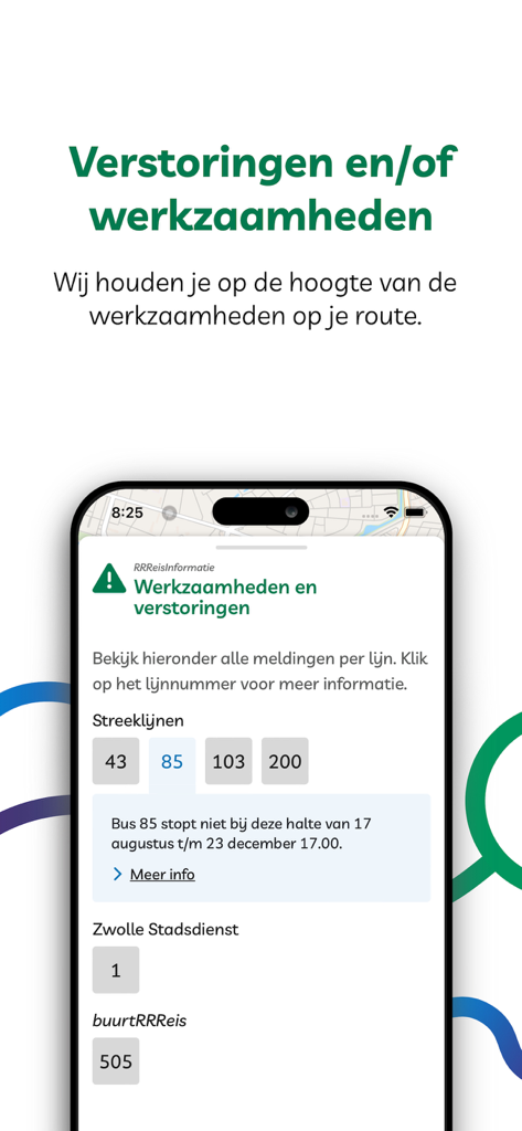 RRReis app - RRReis app interface showing public transport service disruptions and roadwork alerts for various bus lines