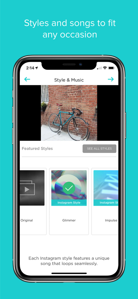 Oberfläche der Slideshow Creator App mit vorgestellten Stilen und Musikauswahlmöglichkeiten für die Videoerstellung.