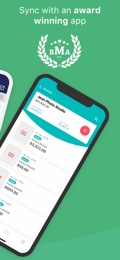Bookipi budget app interface showing business wallet transactions and sales invoices for a freelancer photo studio