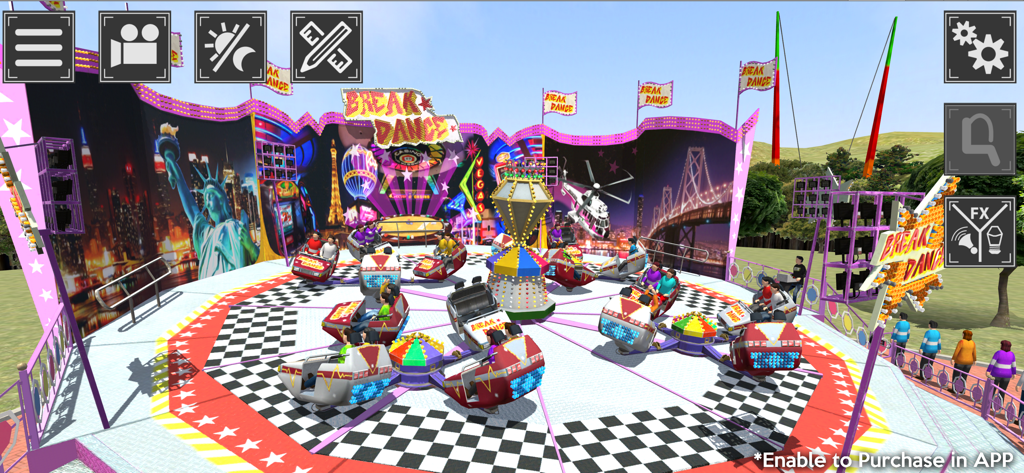 Theme Park Simulator - Break Dance ride simulation in Theme Park Simulator showing colorful spinning cars on a rotating platform.