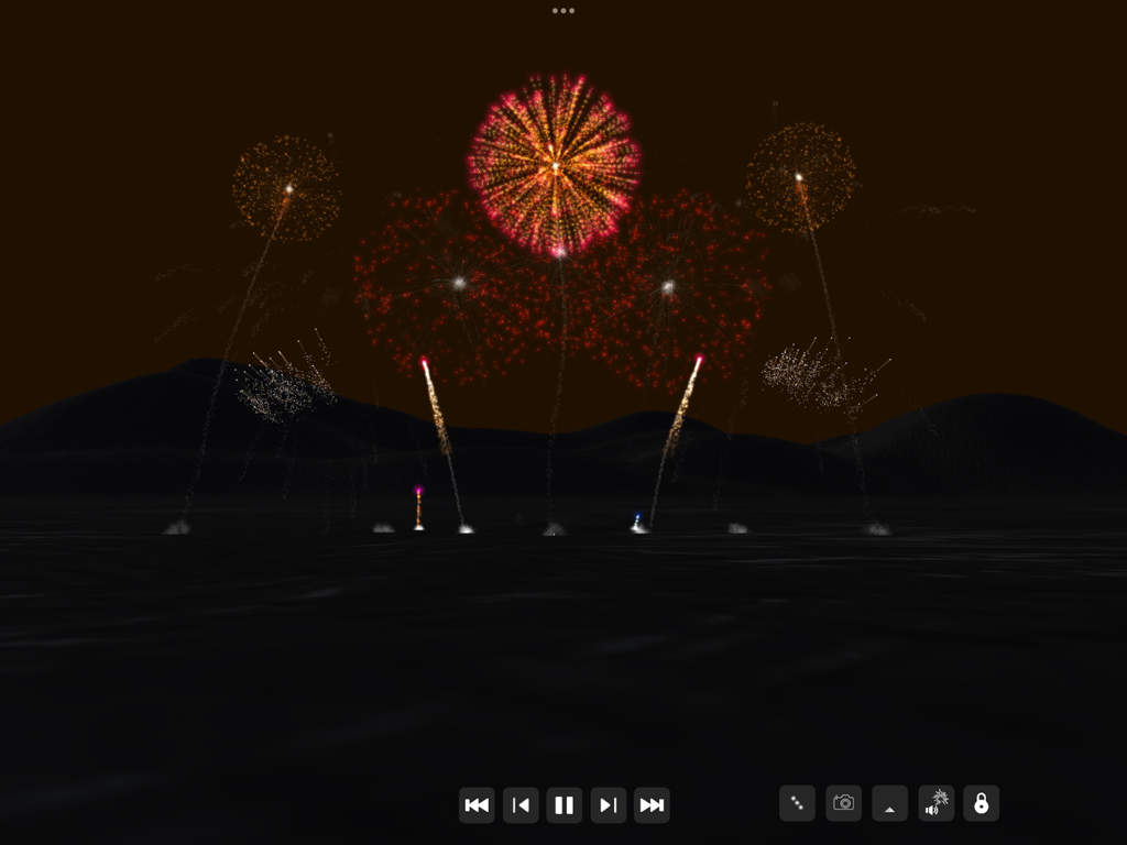 A realistic fireworks show with red and gold bursts over a dark landscape