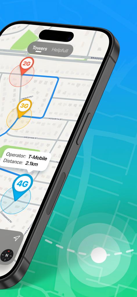 Tela do aplicativo móvel mostrando um mapa com torres de celular 2G 3G e 4G e detalhes da rede T-Mobile