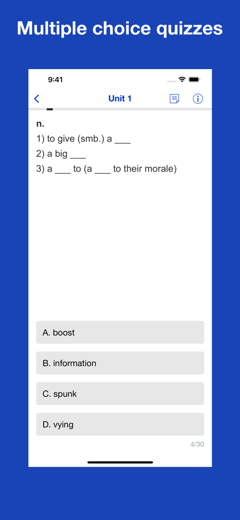 A multiple choice quiz interface for learning English collocations with options like boost and information.