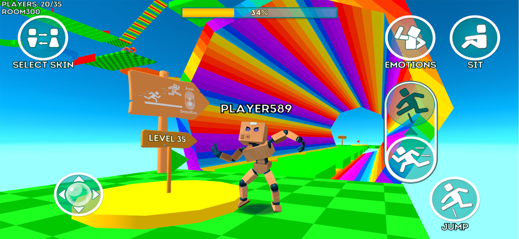 Obby Online Parkour World - A character stands before a vibrant rainbow tunnel in Obby Online Parkour World level 35