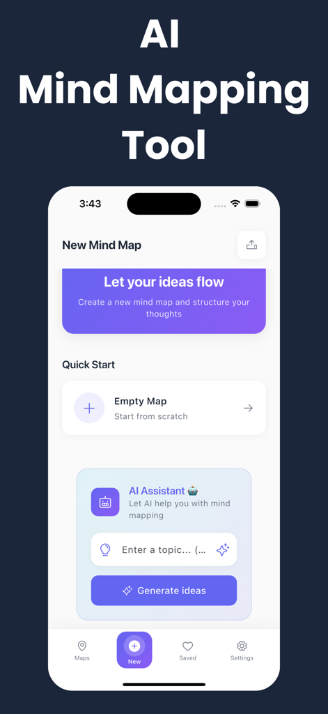 Interfaccia dell'app AI Mind Mapping Tool che mostra la dashboard per creare una nuova mappa e l'assistente AI per la generazione di idee
