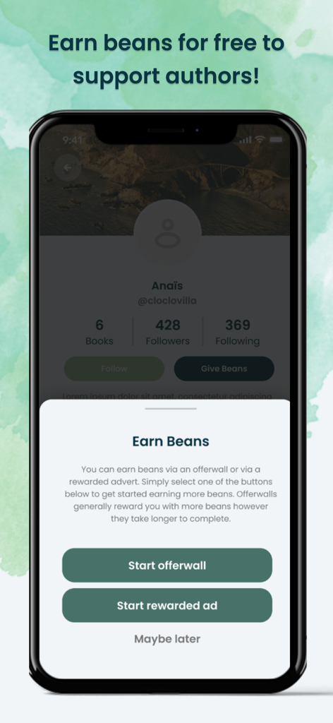 WeInk - Mobile screen showing the WeInk app interface for earning beans through rewarded ads and offerwalls to support indie authors.