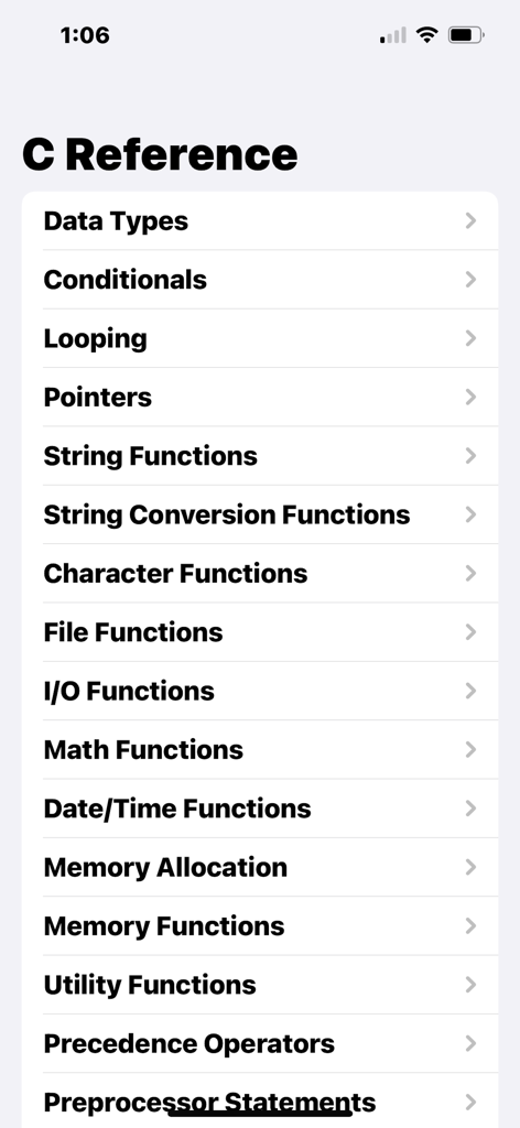 C Reference - Main menu of the C Reference app listing programming topics like Data Types and Pointers