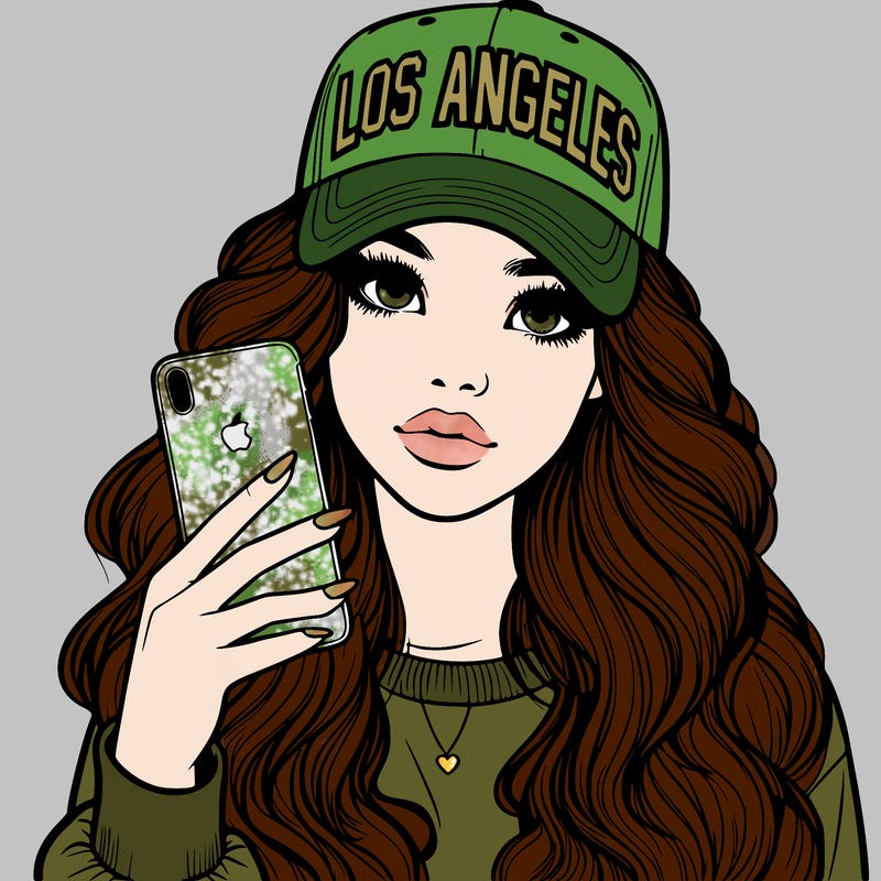 realistic beautiful girl wearing los ángeles cap holding an iphone