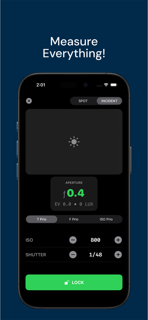DOPro: Director’s Viewfinder - Professional light meter tool within the DOPro app showing aperture ISO and shutter speed settings for filmmakers.