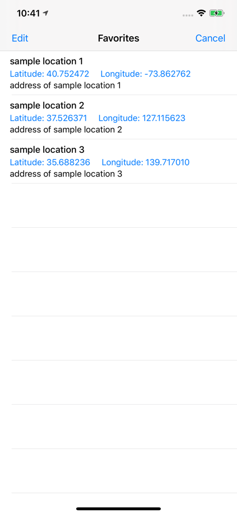 A list of favorite saved locations with latitude and longitude coordinates in the iLocation app