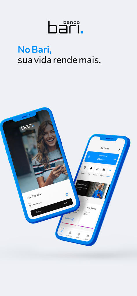Banco Bari - Interface de login e painel do aplicativo móvel Banco Bari exibida em dois smartphones